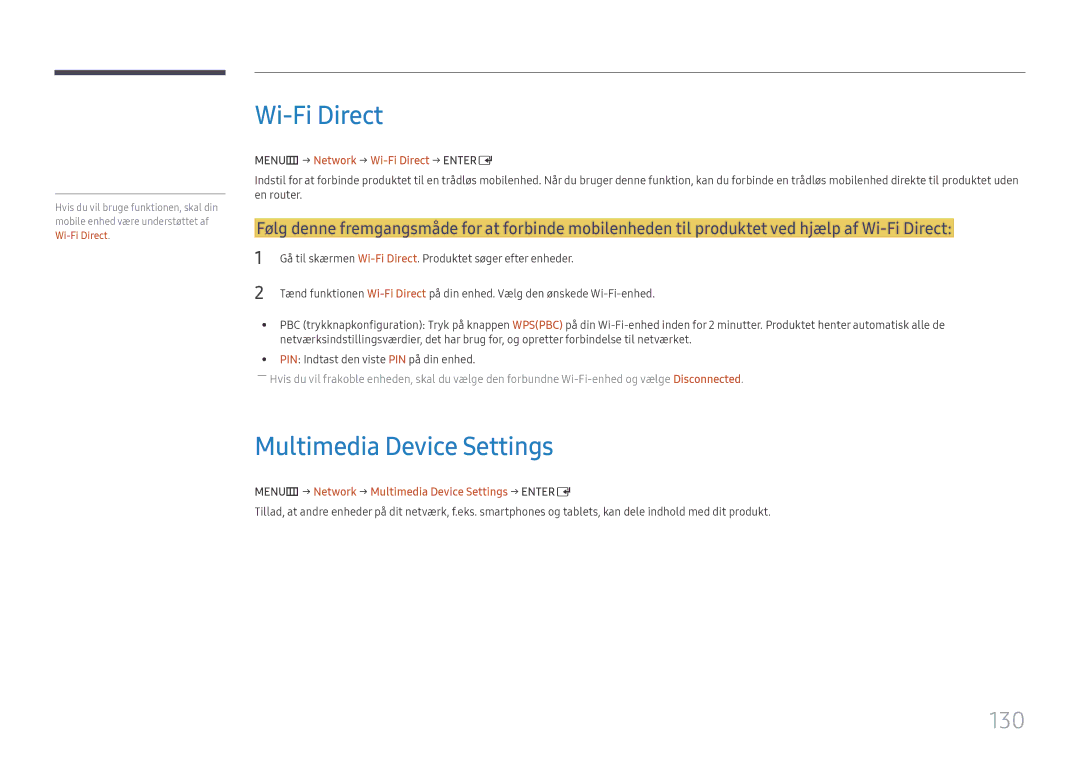 Samsung LH65DMEXTBC/EN manual Multimedia Device Settings, 130, MENUm → Network → Wi-Fi Direct → Entere 