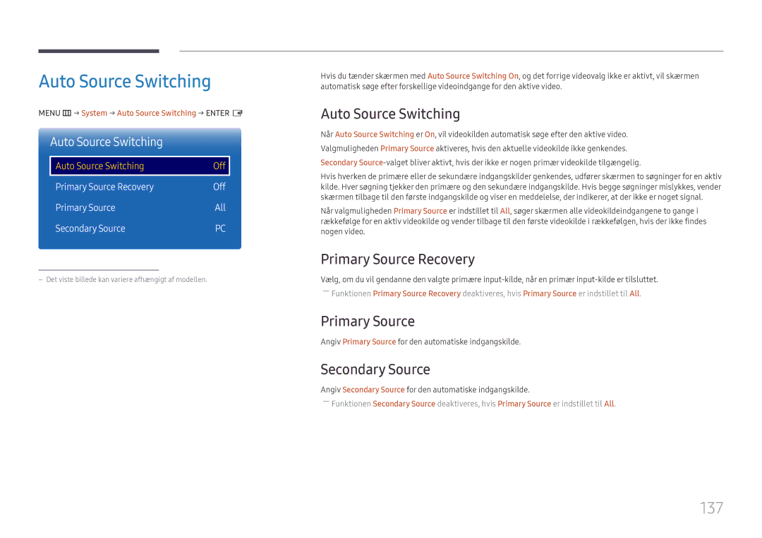 Samsung LH65DMEXTBC/EN manual Auto Source Switching, 137 