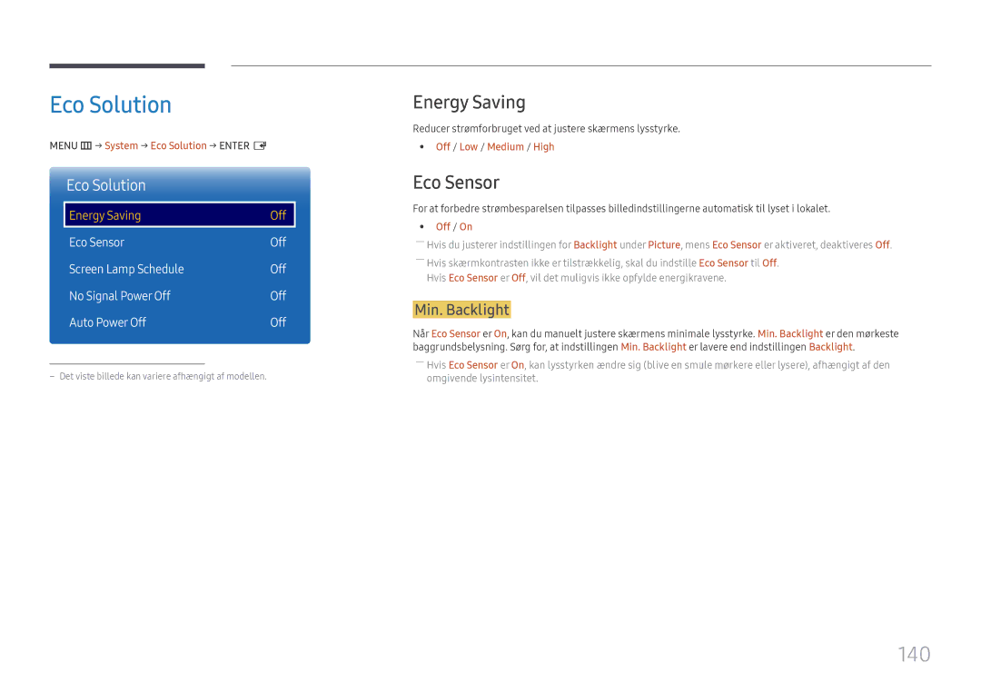 Samsung LH65DMEXTBC/EN manual Eco Solution, 140, Energy Saving, Eco Sensor 