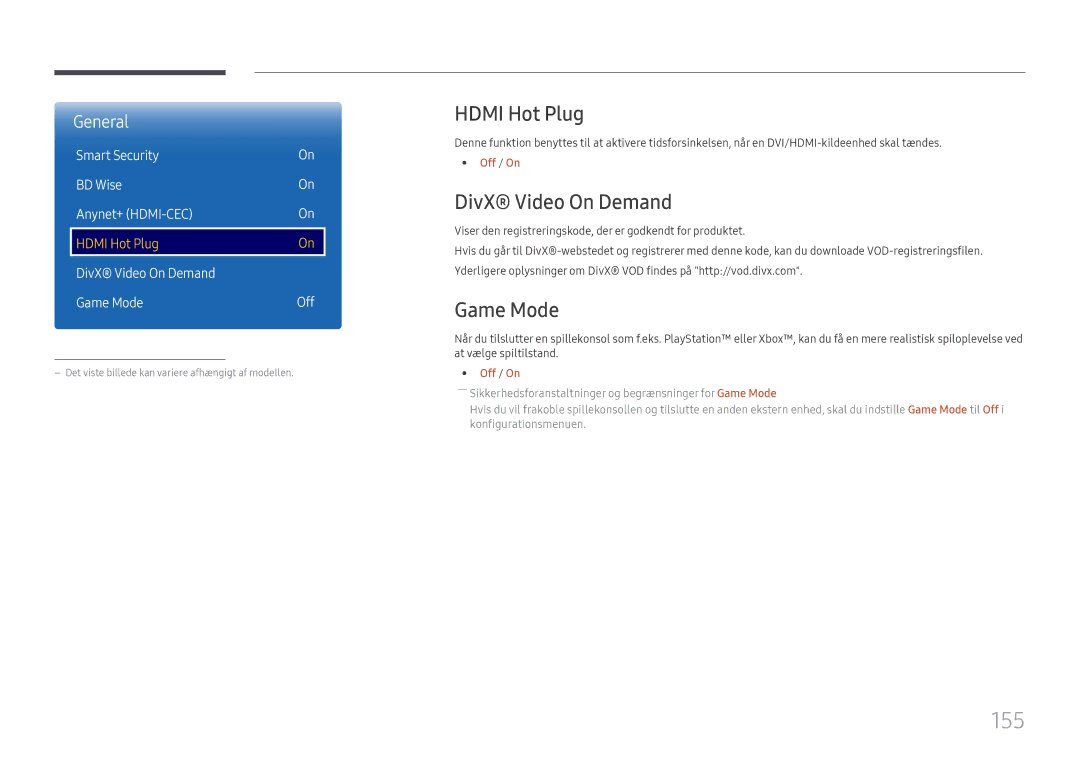 Samsung LH65DMEXTBC/EN manual 155, Hdmi Hot Plug, DivX Video On Demand, Game Mode 