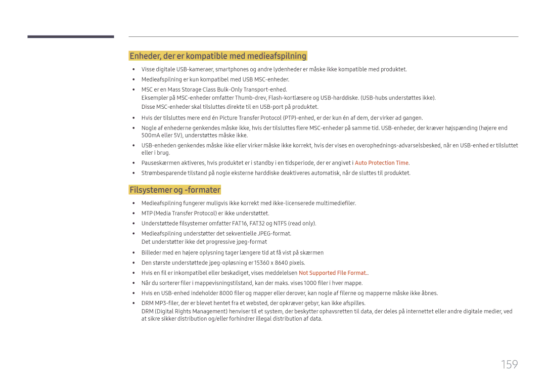 Samsung LH65DMEXTBC/EN manual 159, Enheder, der er kompatible med medieafspilning, Filsystemer og -formater 