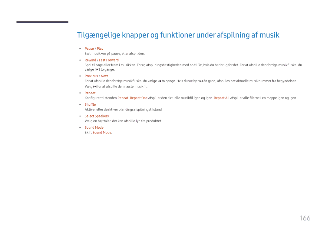 Samsung LH65DMEXTBC/EN manual 166, Sæt musikken på pause, eller afspil den, Shuffle 