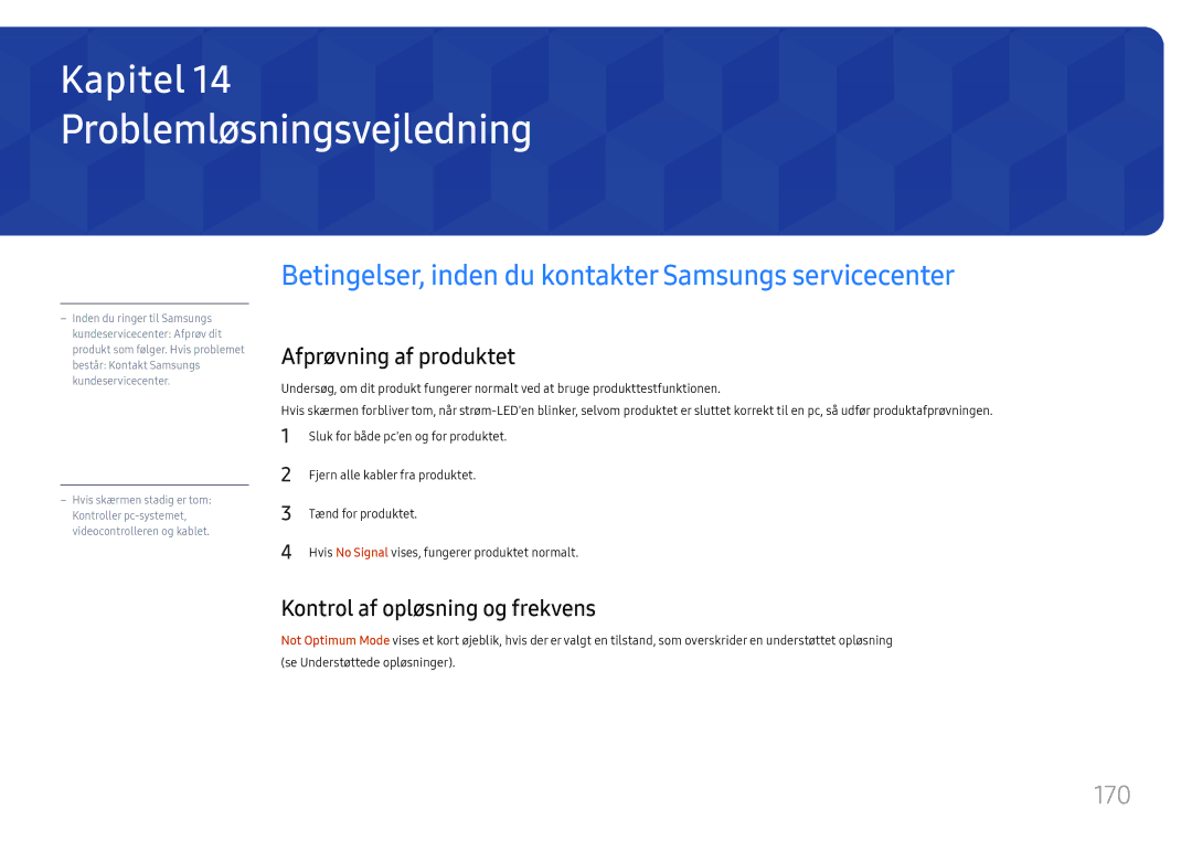 Samsung LH65DMEXTBC/EN manual Problemløsningsvejledning, Betingelser, inden du kontakter Samsungs servicecenter, 170 