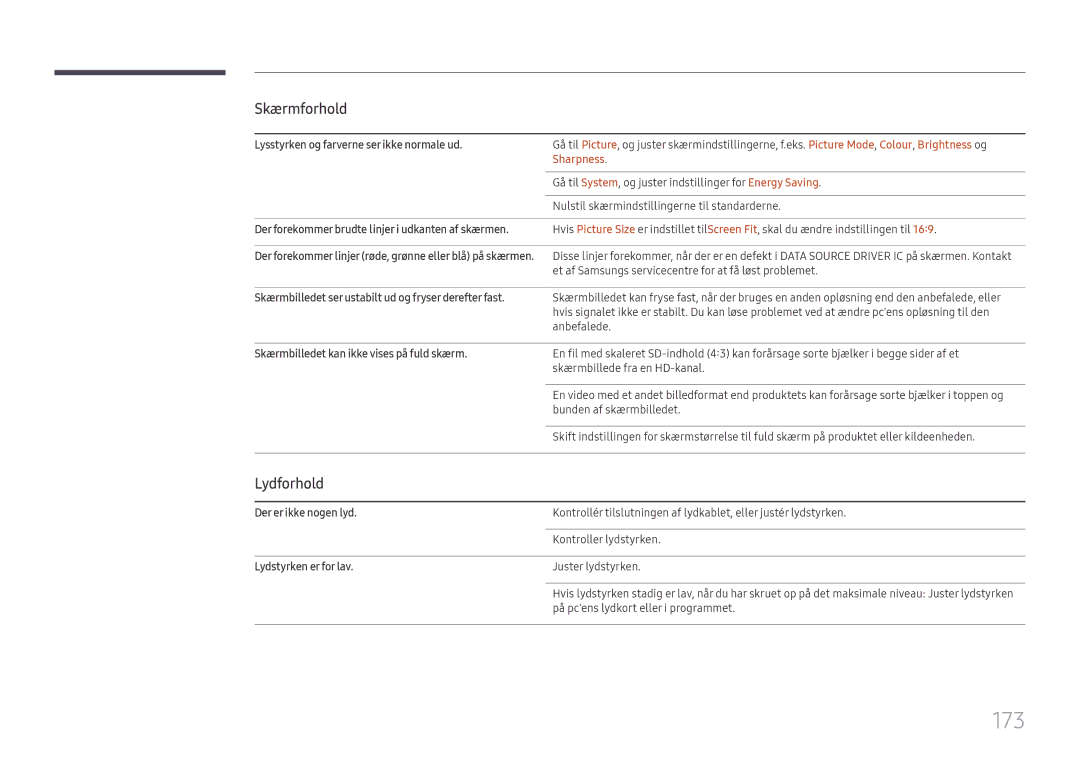 Samsung LH65DMEXTBC/EN manual 173, Lydforhold, Sharpness 