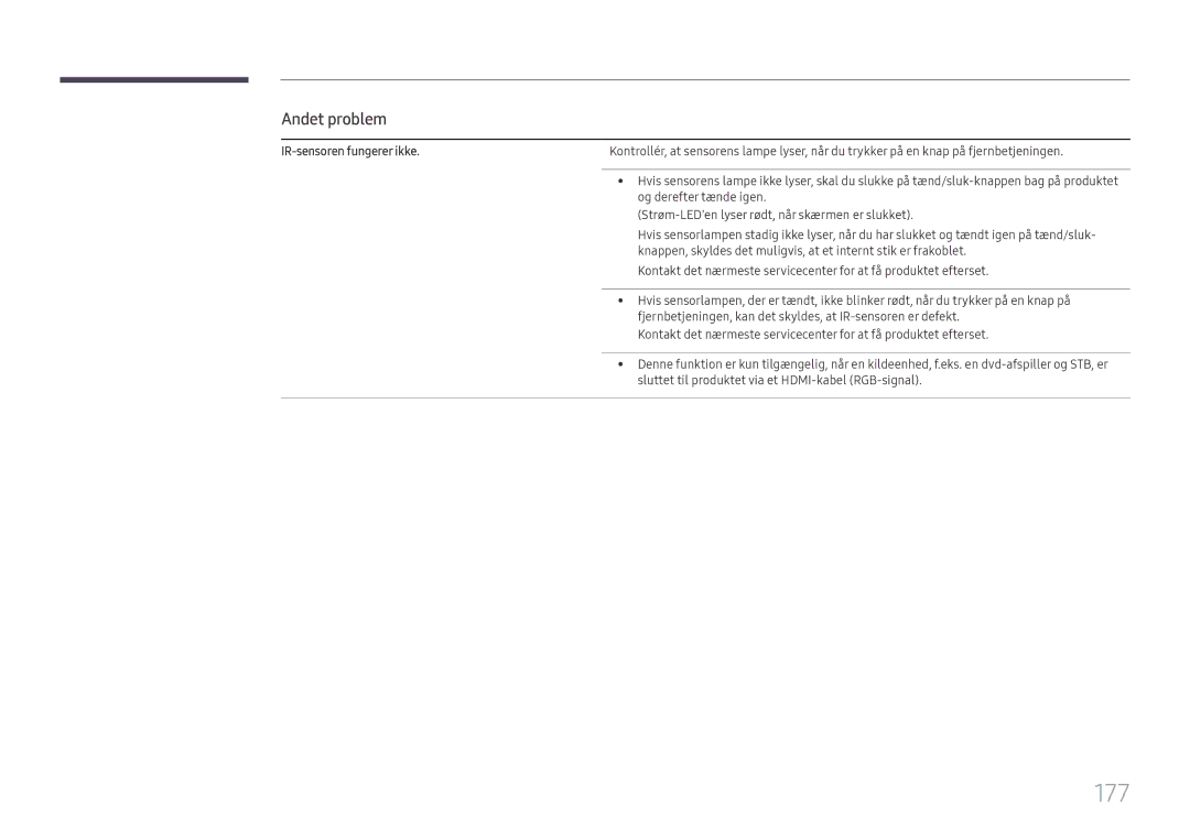 Samsung LH65DMEXTBC/EN manual 177, IR-sensoren fungerer ikke 