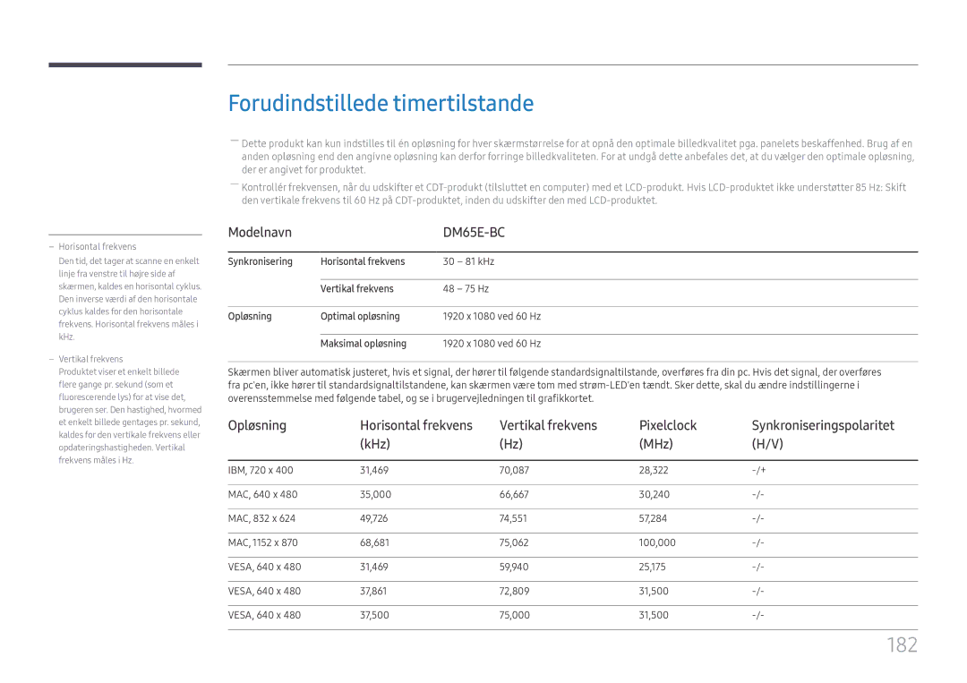 Samsung LH65DMEXTBC/EN manual Forudindstillede timertilstande, 182 