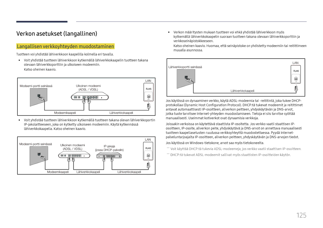 Samsung LH65DMEXTBC/EN manual 125, Verkon asetukset langallinen, Langallisen verkkoyhteyden muodostaminen 