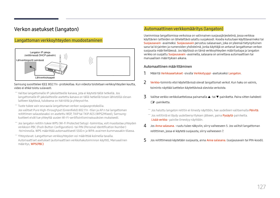 Samsung LH65DMEXTBC/EN manual 127, Verkon asetukset langaton, Langattoman verkkoyhteyden muodostaminen 