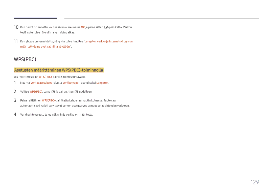 Samsung LH65DMEXTBC/EN manual 129, Asetusten määrittäminen WPSPBC-toiminnolla 