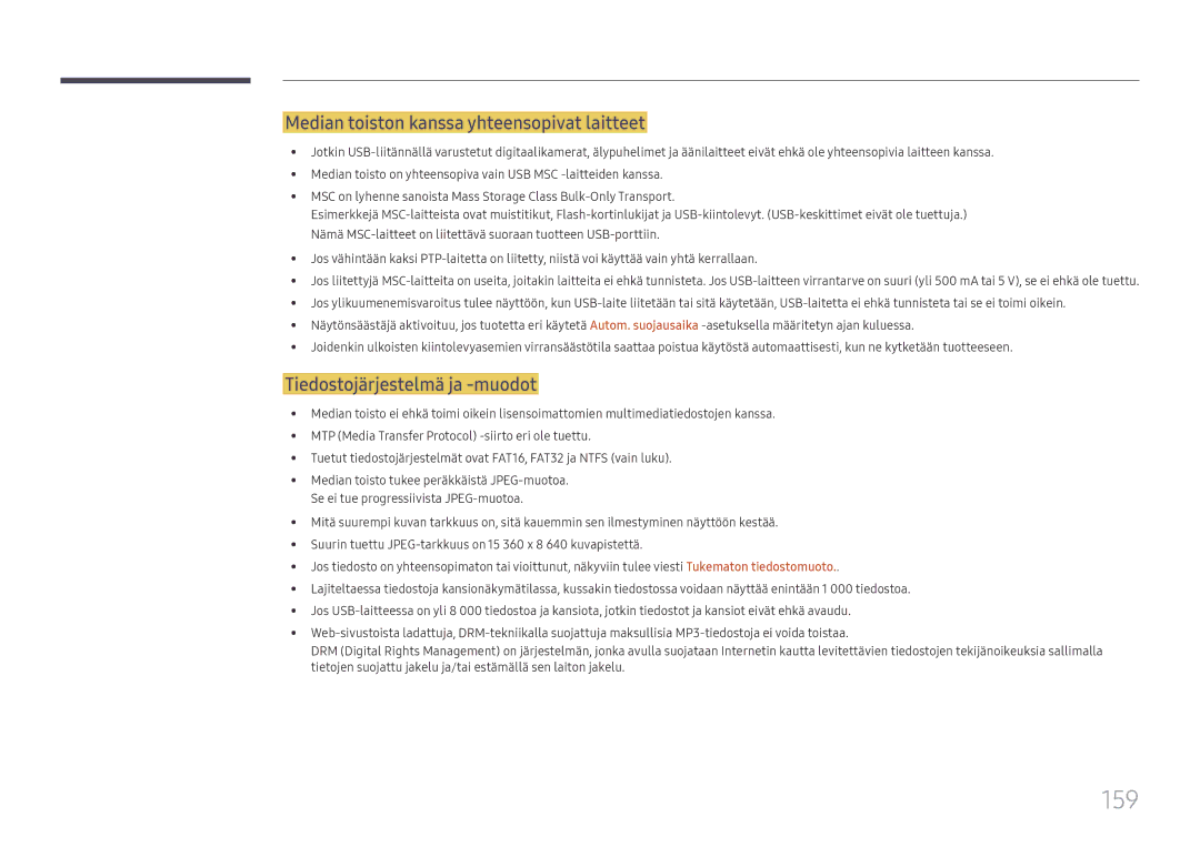 Samsung LH65DMEXTBC/EN manual 159, Median toiston kanssa yhteensopivat laitteet, Tiedostojärjestelmä ja -muodot 