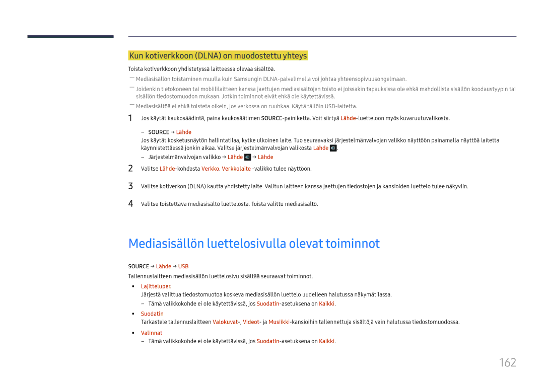 Samsung LH65DMEXTBC/EN Mediasisällön luettelosivulla olevat toiminnot, 162, Kun kotiverkkoon Dlna on muodostettu yhteys 