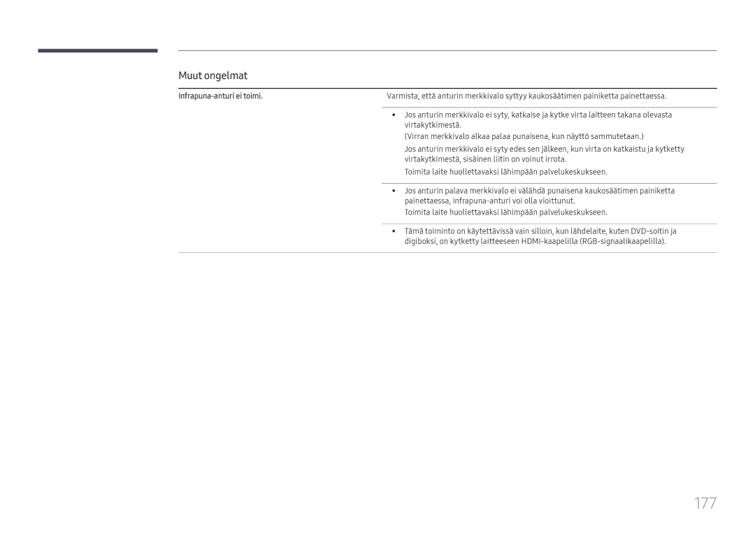 Samsung LH65DMEXTBC/EN manual 177, Infrapuna-anturi ei toimi 