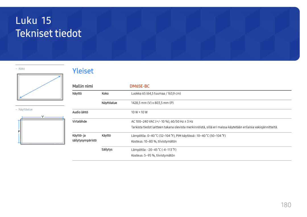 Samsung LH65DMEXTBC/EN manual Tekniset tiedot, 180 