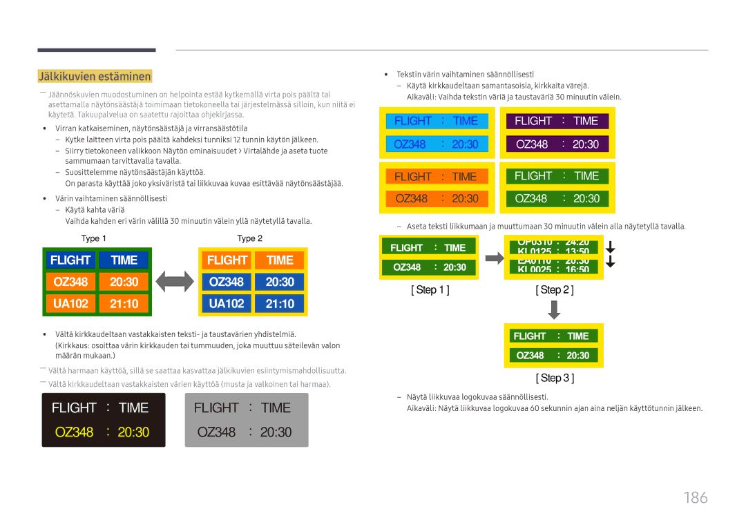 Samsung LH65DMEXTBC/EN manual 186, Jälkikuvien estäminen, Tekstin värin vaihtaminen säännöllisesti 