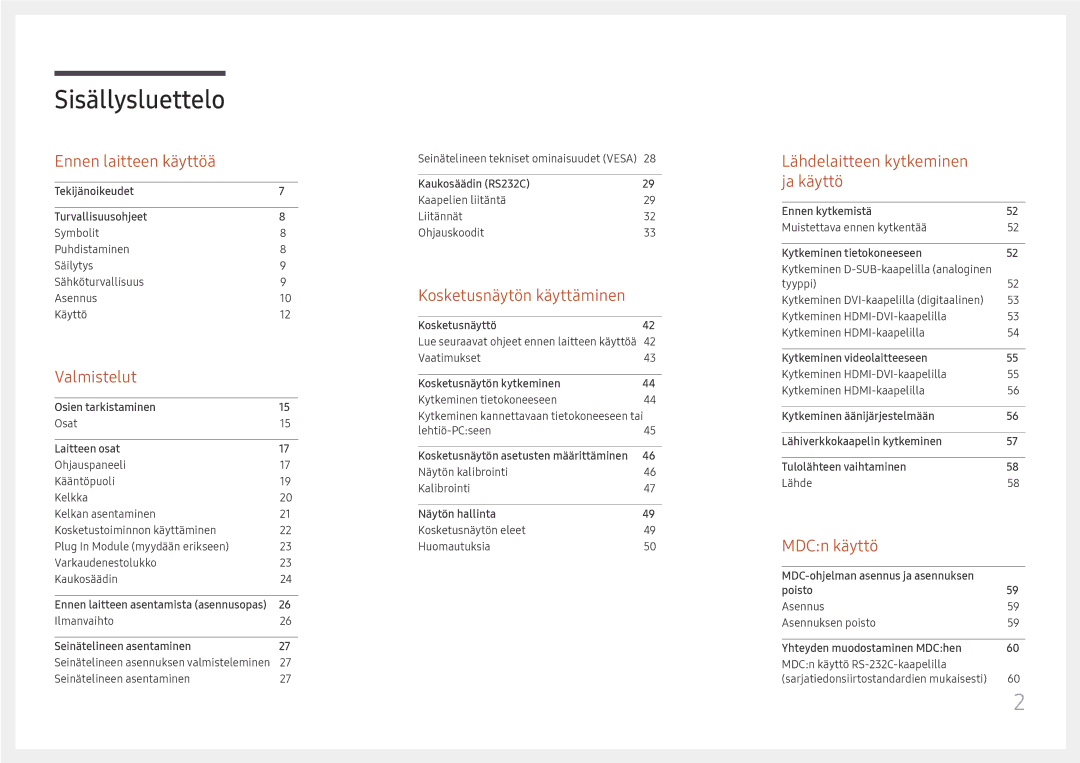 Samsung LH65DMEXTBC/EN manual Sisällysluettelo 