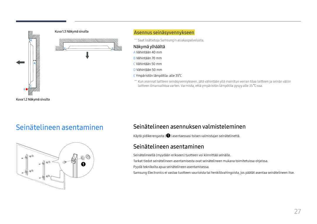 Samsung LH65DMEXTBC/EN Seinätelineen asentaminen, Seinätelineen asennuksen valmisteleminen, Asennus seinäsyvennykseen 