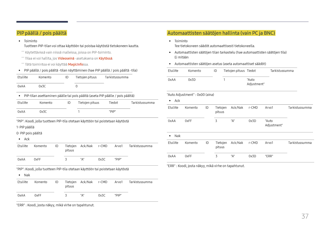 Samsung LH65DMEXTBC/EN manual PIP päällä / pois päältä, Automaattisten säätöjen hallinta vain PC ja BNC 