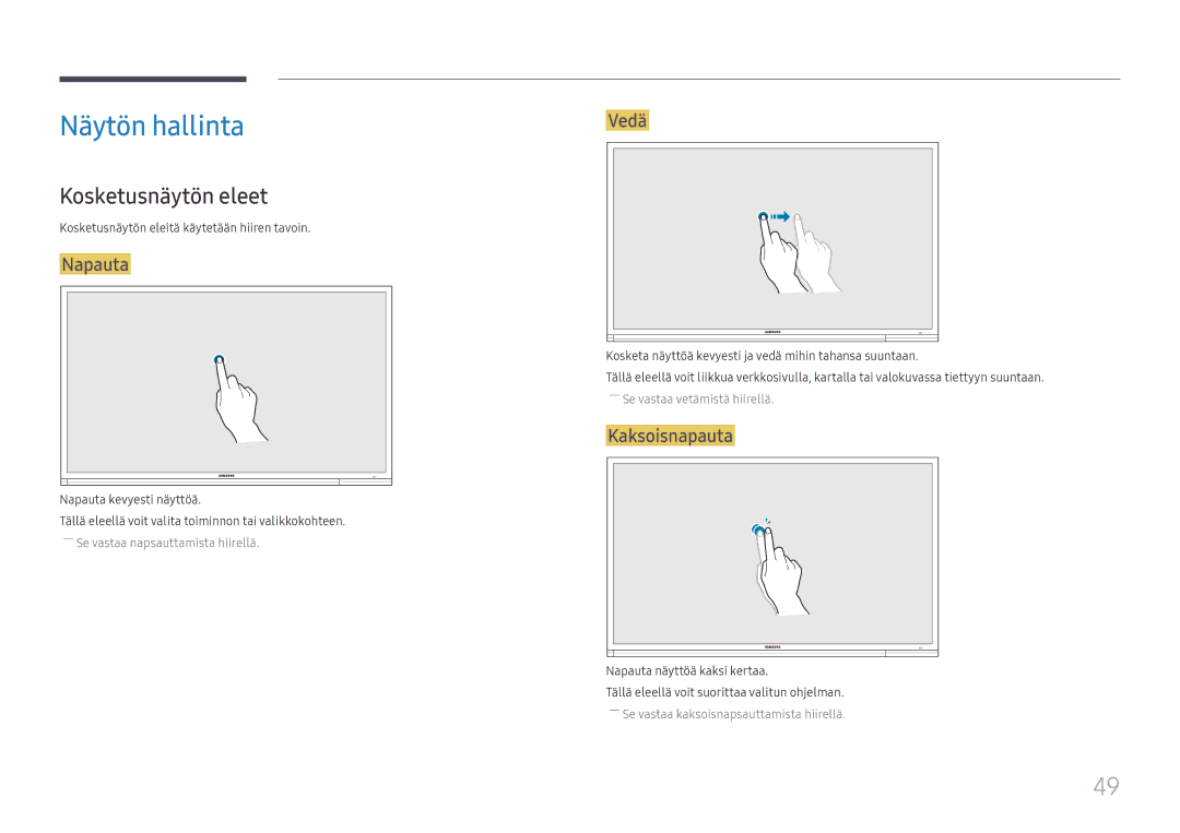 Samsung LH65DMEXTBC/EN manual Näytön hallinta, Kosketusnäytön eleet, Napauta, Vedä, Kaksoisnapauta 