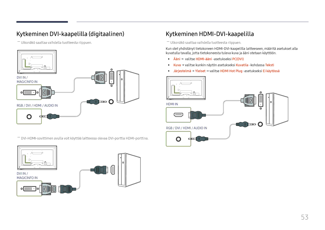 Samsung LH65DMEXTBC/EN manual Kytkeminen DVI-kaapelilla digitaalinen, Kytkeminen HDMI-DVI-kaapelilla 