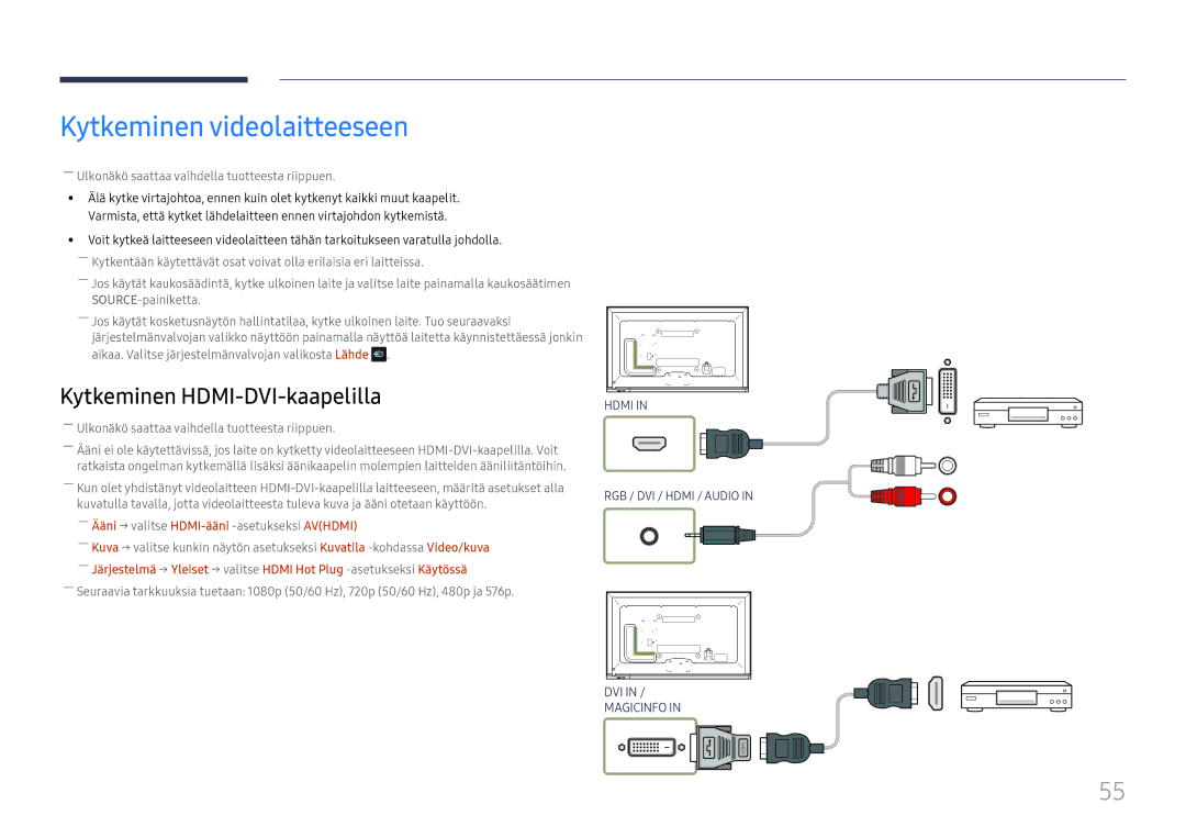 Samsung LH65DMEXTBC/EN manual Kytkeminen videolaitteeseen, ――Ääni → valitse HDMI-ääni -asetukseksiAVHDMI 