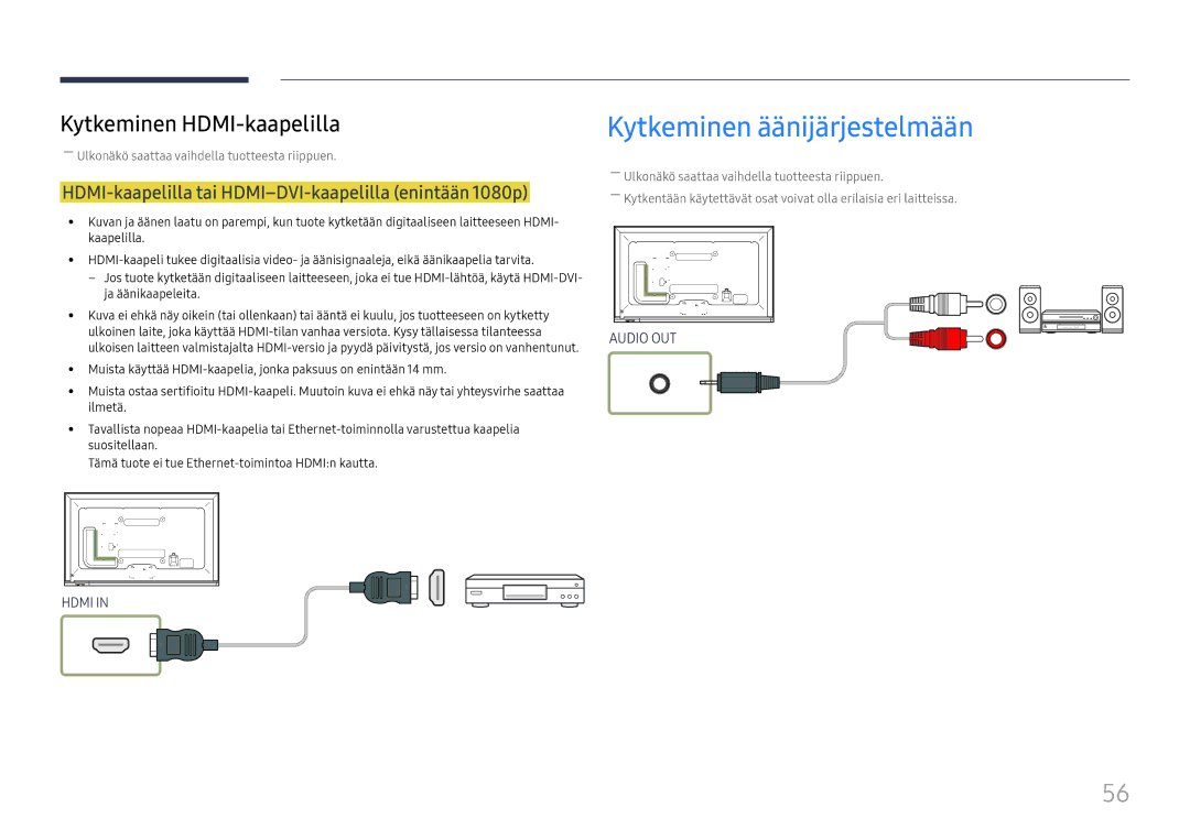 Samsung LH65DMEXTBC/EN manual Kytkeminen äänijärjestelmään, HDMI-kaapelilla tai HDMI-DVI-kaapelilla enintään 1080p 