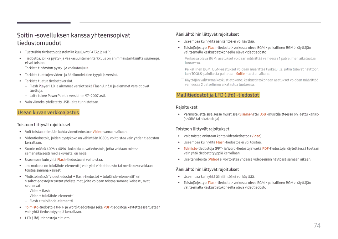 Samsung LH65DMEXTBC/EN manual Soitin -sovelluksen kanssa yhteensopivat tiedostomuodot, Usean kuvan verkkoajastus 