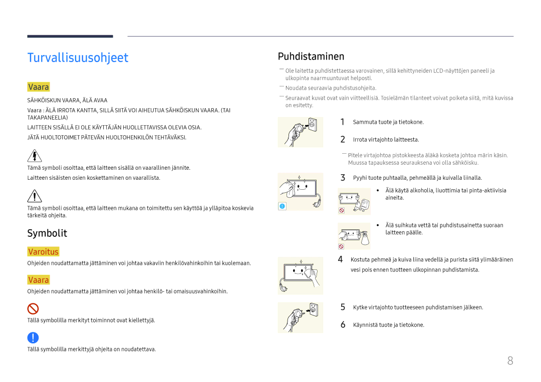 Samsung LH65DMEXTBC/EN manual Turvallisuusohjeet, Symbolit, Puhdistaminen, Vaara 