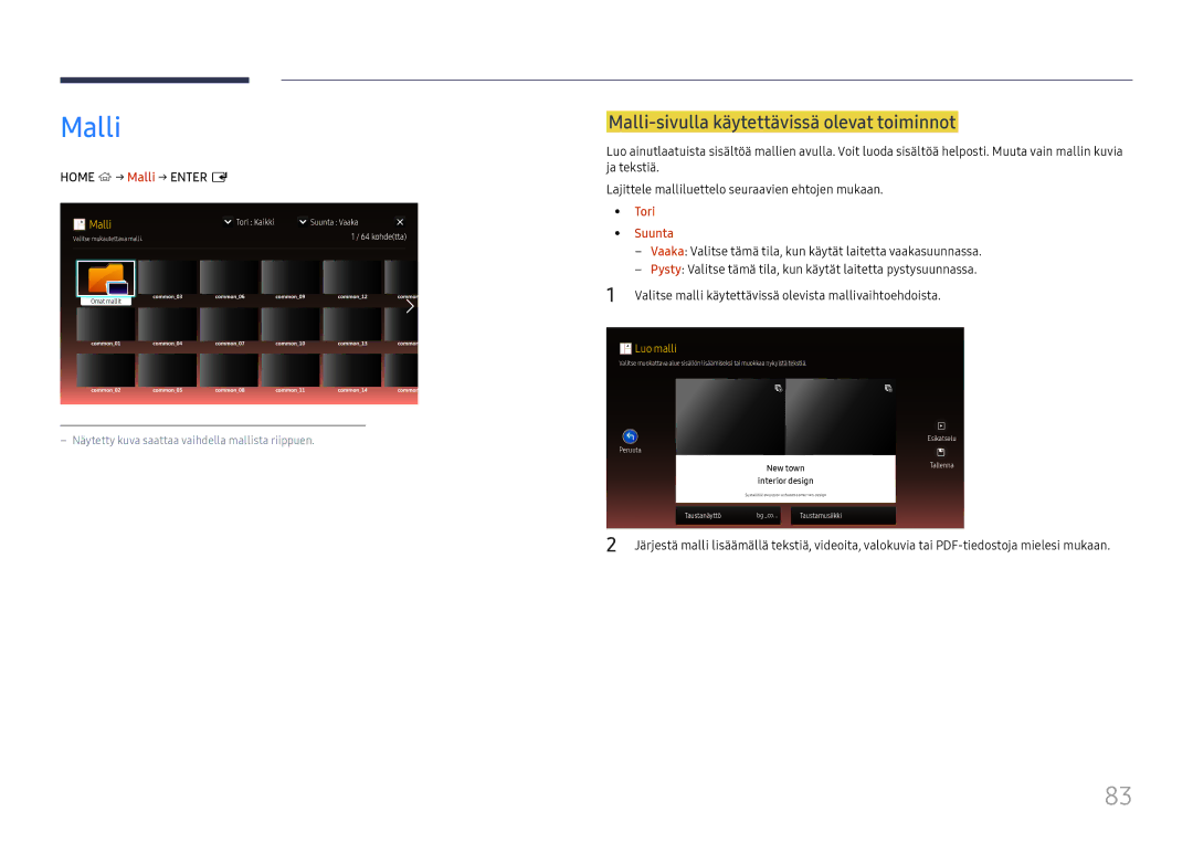 Samsung LH65DMEXTBC/EN manual Malli-sivulla käytettävissä olevat toiminnot, Home → Malli → Enter E, Tori, Suunta 