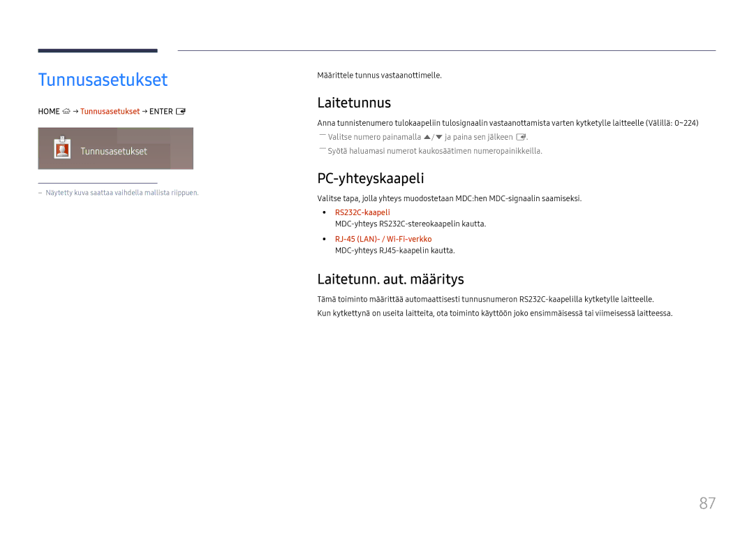 Samsung LH65DMEXTBC/EN manual Tunnusasetukset, Laitetunnus, PC-yhteyskaapeli, Laitetunn. aut. määritys 