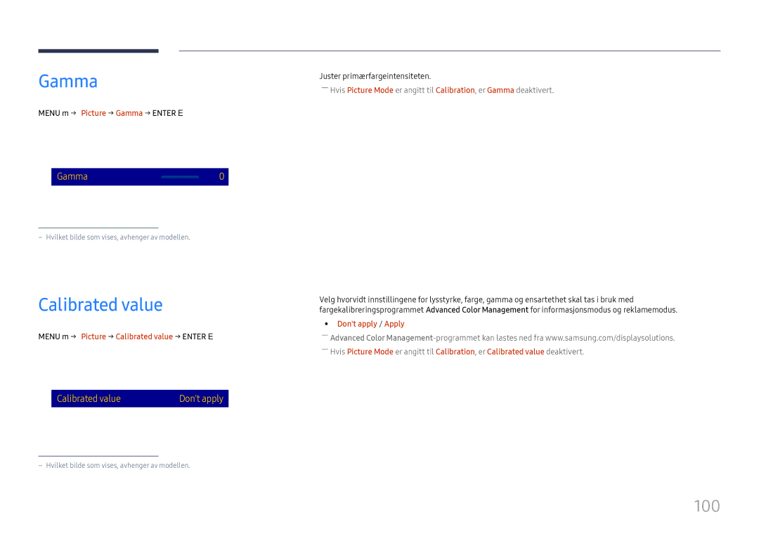 Samsung LH65DMEXTBC/EN manual Gamma, 100, Menu m → Picture → Calibrated value → Enter E, Dont apply / Apply 