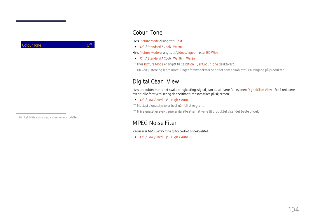 Samsung LH65DMEXTBC/EN manual 104, Colour Tone, Digital Clean View, Mpeg Noise Filter, Off / Low / Medium / High / Auto 