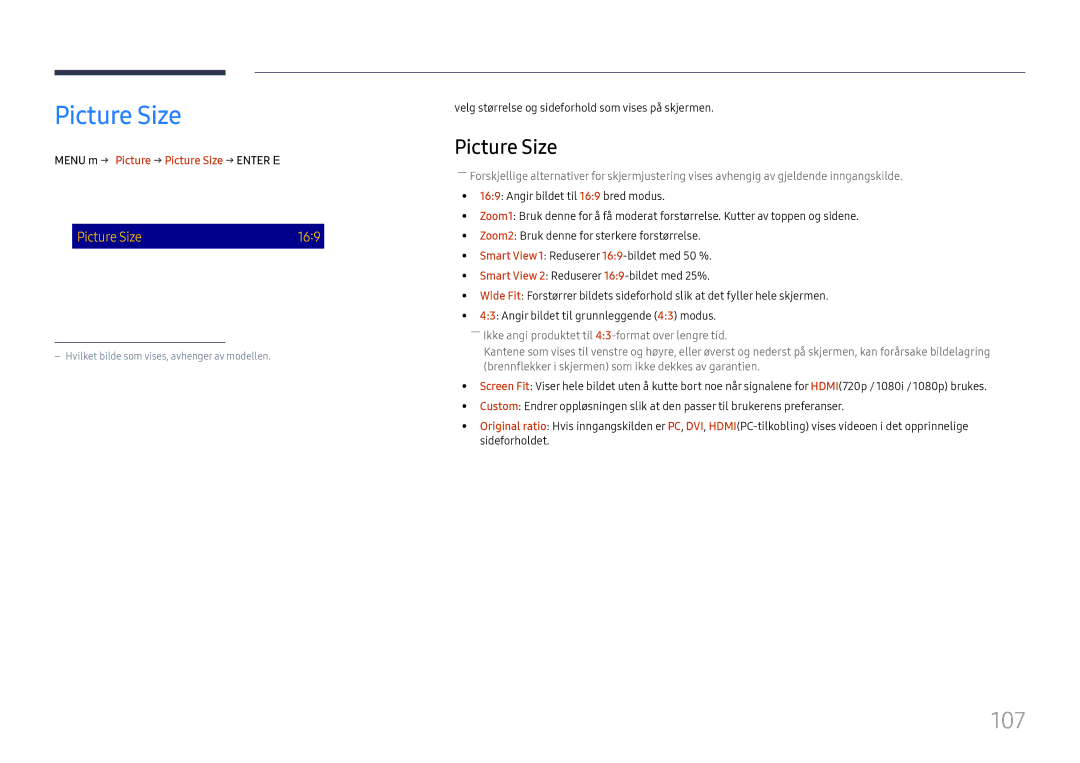 Samsung LH65DMEXTBC/EN manual Picture Size, 107, · Position Resolution Off 