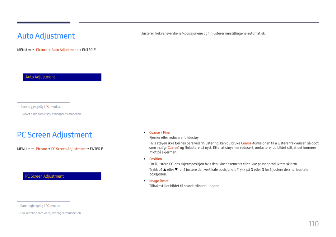 Samsung LH65DMEXTBC/EN manual Auto Adjustment, PC Screen Adjustment, 110 