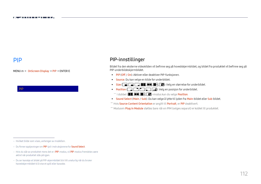 Samsung LH65DMEXTBC/EN manual 112, PIP-innstillinger, Reset OnScreen Display 