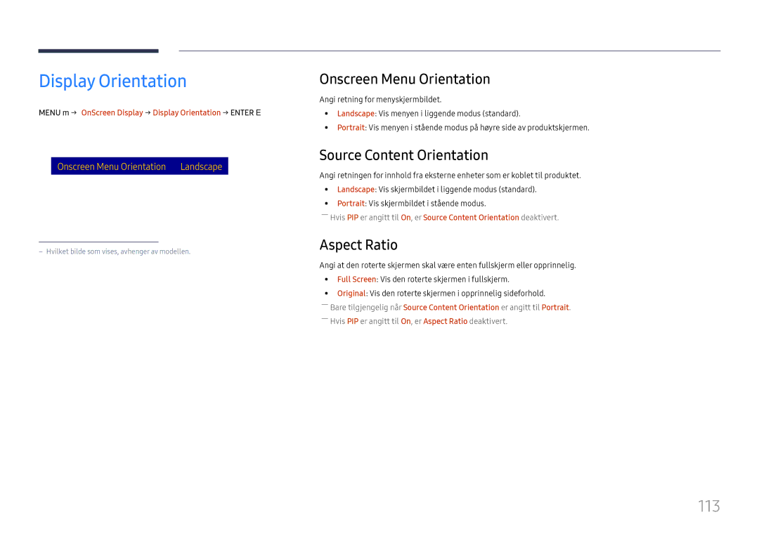 Samsung LH65DMEXTBC/EN manual Display Orientation, 113, Onscreen Menu Orientation, Source Content Orientation, Aspect Ratio 