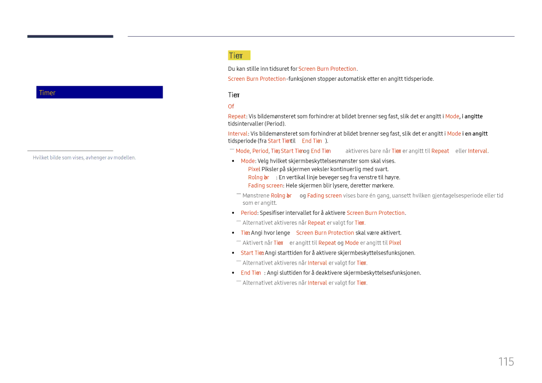 Samsung LH65DMEXTBC/EN manual 115, Screen Burn Protection, Timer 
