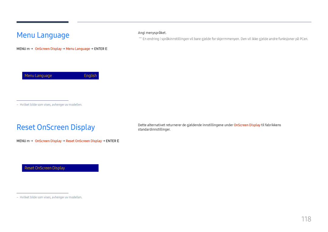 Samsung LH65DMEXTBC/EN manual Reset OnScreen Display, 118, Menu m → OnScreen Display → Menu Language → Enter E 