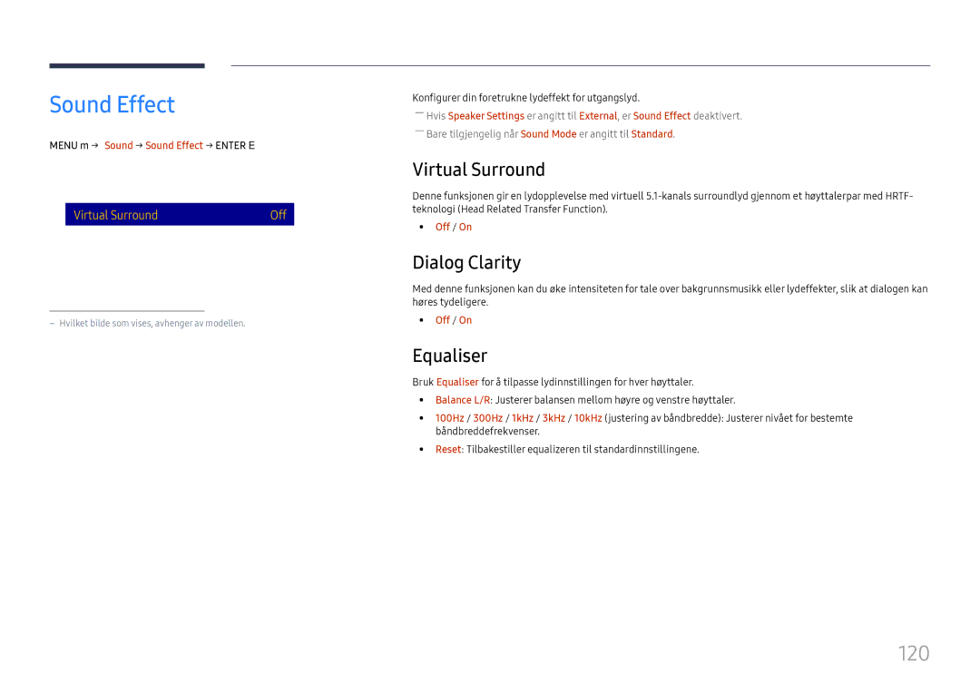 Samsung LH65DMEXTBC/EN manual Sound Effect, 120, Virtual Surround, Dialog Clarity, Equaliser 