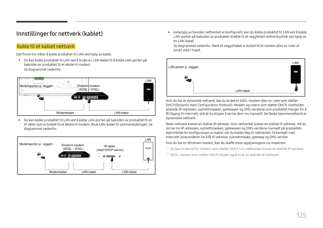 Samsung LH65DMEXTBC/EN manual 125, Innstillinger for nettverk kablet, Koble til et kablet nettverk 