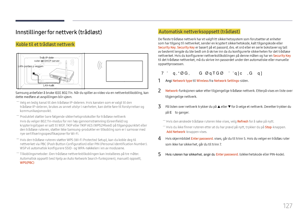 Samsung LH65DMEXTBC/EN manual 127, Innstillinger for nettverk trådløst, Koble til et trådløst nettverk 