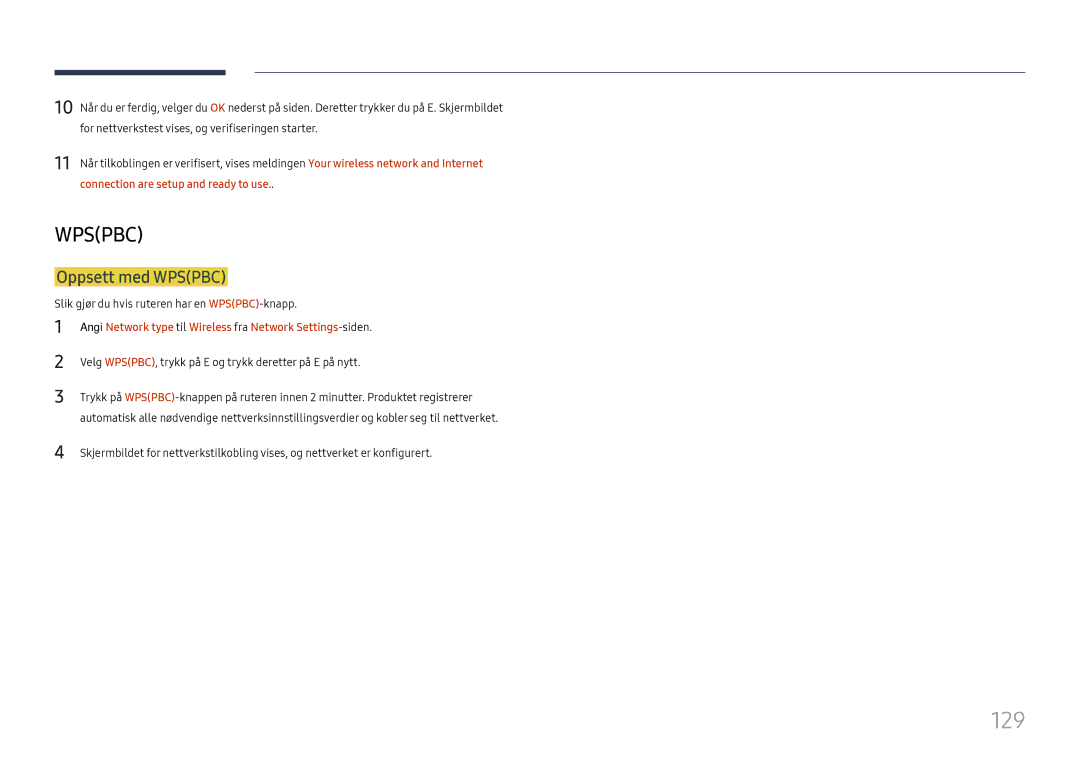 Samsung LH65DMEXTBC/EN manual 129, Oppsett med Wpspbc, Slik gjør du hvis ruteren har en WPSPBC-knapp 