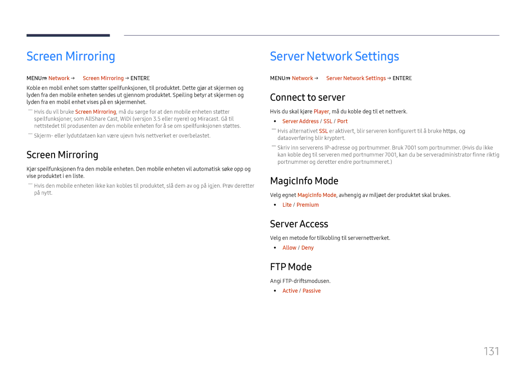 Samsung LH65DMEXTBC/EN manual Screen Mirroring, Server Network Settings, 131 