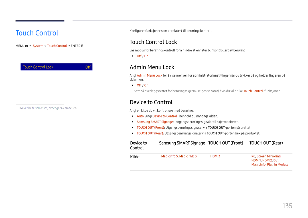 Samsung LH65DMEXTBC/EN manual 135, Touch Control Lock, Admin Menu Lock, Device to Control 