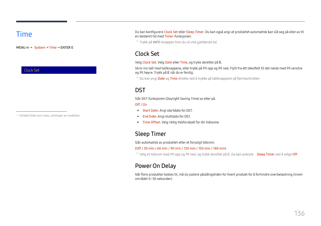 Samsung LH65DMEXTBC/EN manual 136, Clock Set, Sleep Timer, Power On Delay 