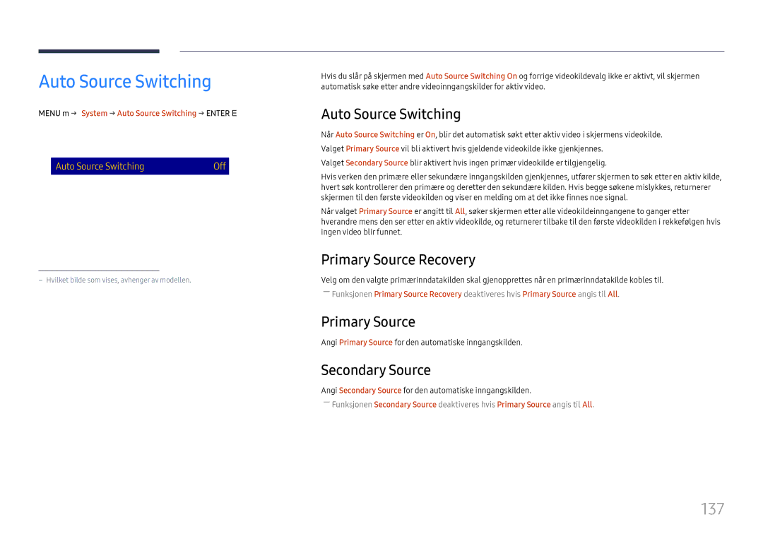 Samsung LH65DMEXTBC/EN manual Auto Source Switching, 137 