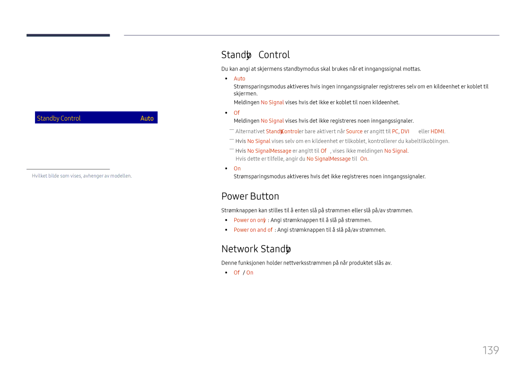 Samsung LH65DMEXTBC/EN manual 139, Standby Control, Power Button, Network Standby 