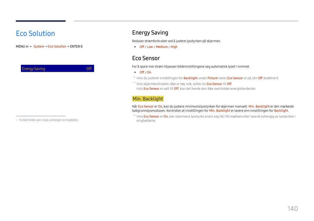 Samsung LH65DMEXTBC/EN manual Eco Solution, 140, Energy Saving, Eco Sensor 