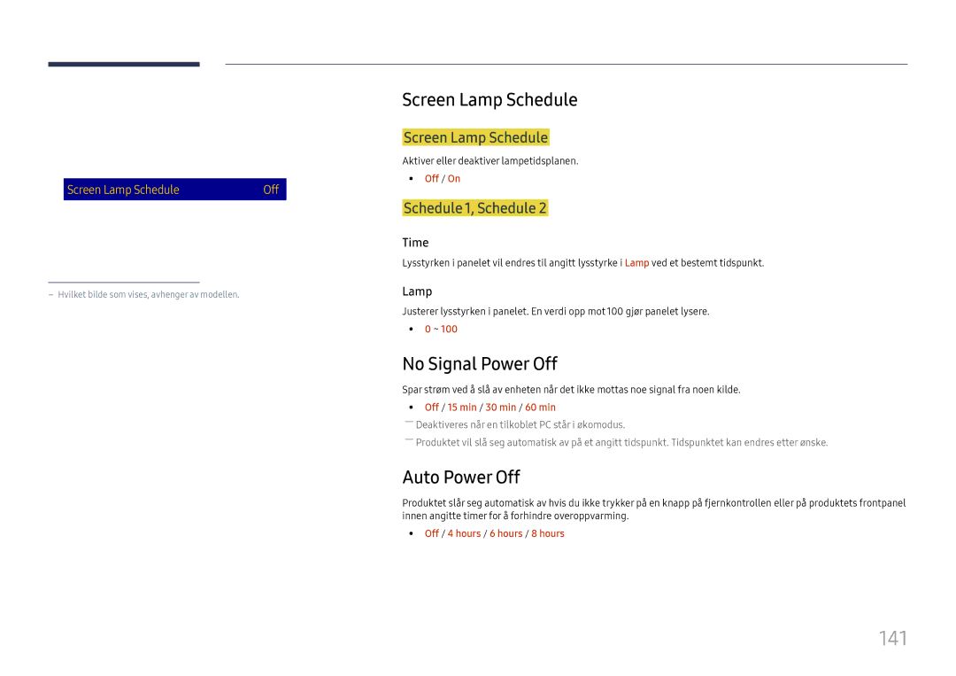 Samsung LH65DMEXTBC/EN manual 141, Screen Lamp Schedule, No Signal Power Off, Auto Power Off 