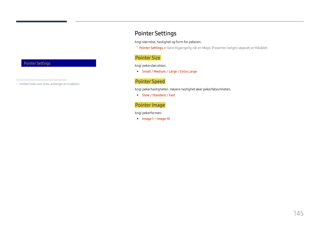 Samsung LH65DMEXTBC/EN manual 145, Pointer Settings, Pointer Size, Pointer Speed, Pointer Image 