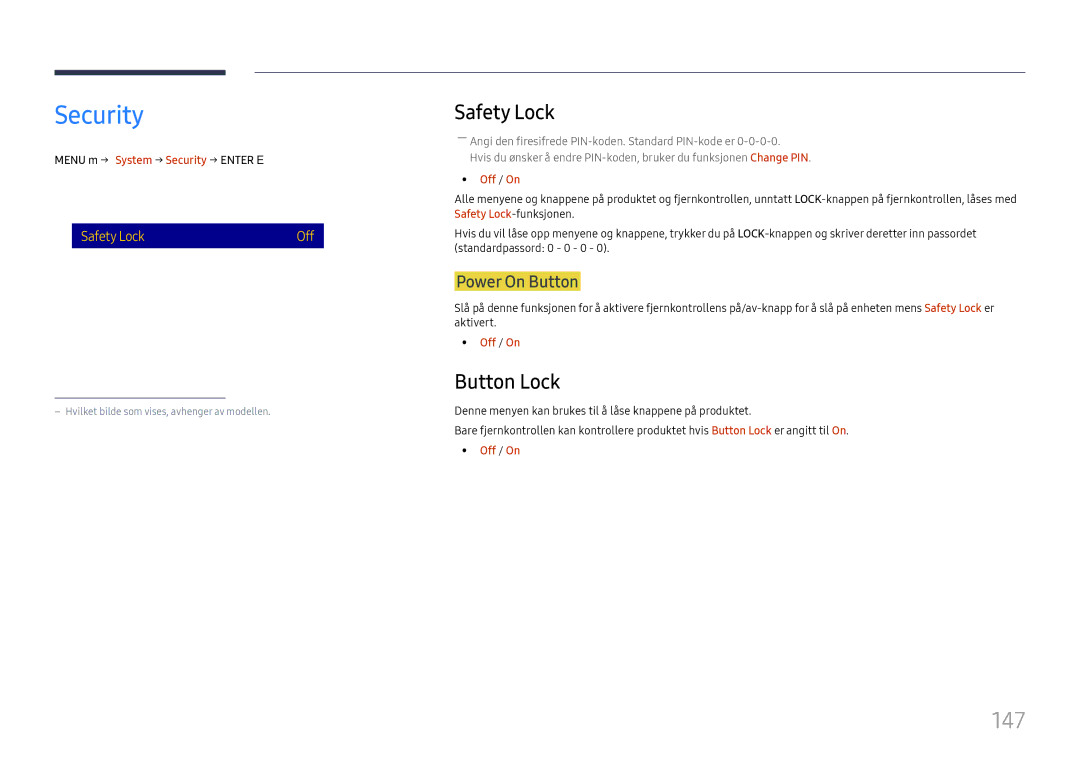 Samsung LH65DMEXTBC/EN manual Security, 147, Safety Lock, Button Lock 